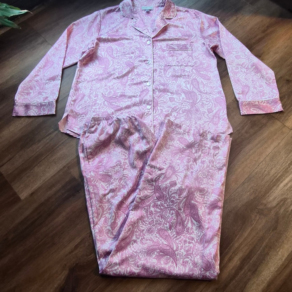 Miss Elaine Pajama Womens Medium Pink Paisley Button Front Long Sleeve Coquette